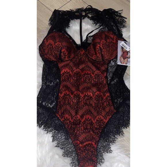 Dreamgirl High Neck Eyelash Lace Collared Teddy Bodysuit 10537 L Large Red Black - Picture 4 of 7